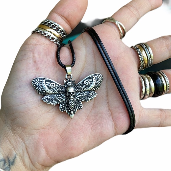 Moth with moon and skull design pewter necklace on leather cord boho goth - Picture 6 of 15